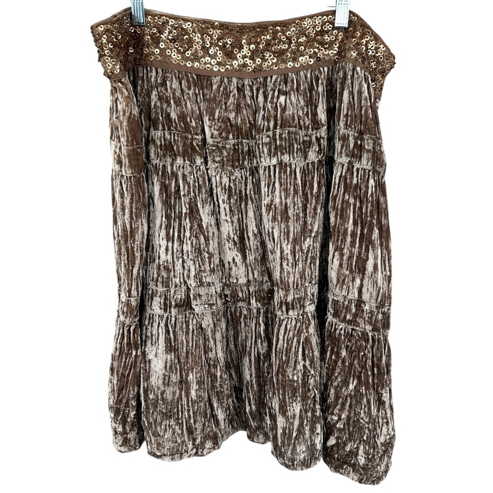 BCBGMAXAZRIA Velvet Skirt Women Large Light Cognac Sequin Tiered Knee Length